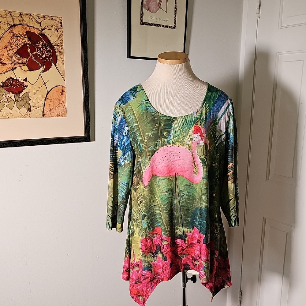 Tropical Flamingo Print Women's Top By‎ Sun Bay. Petite Large.